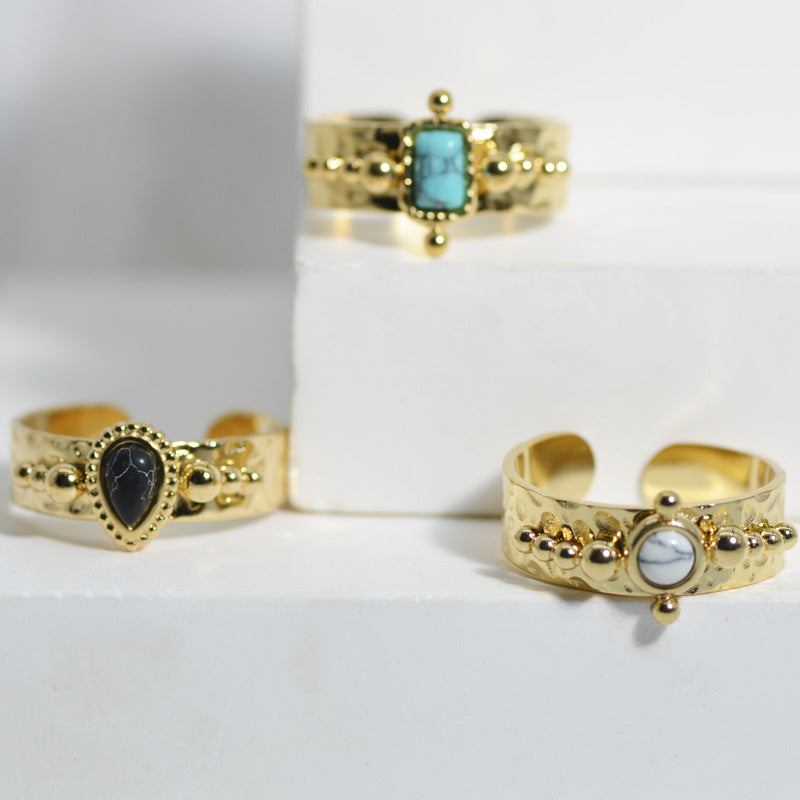 Retro Adjustable Black Turquoise Gold-Plated Stainless Steel Ring