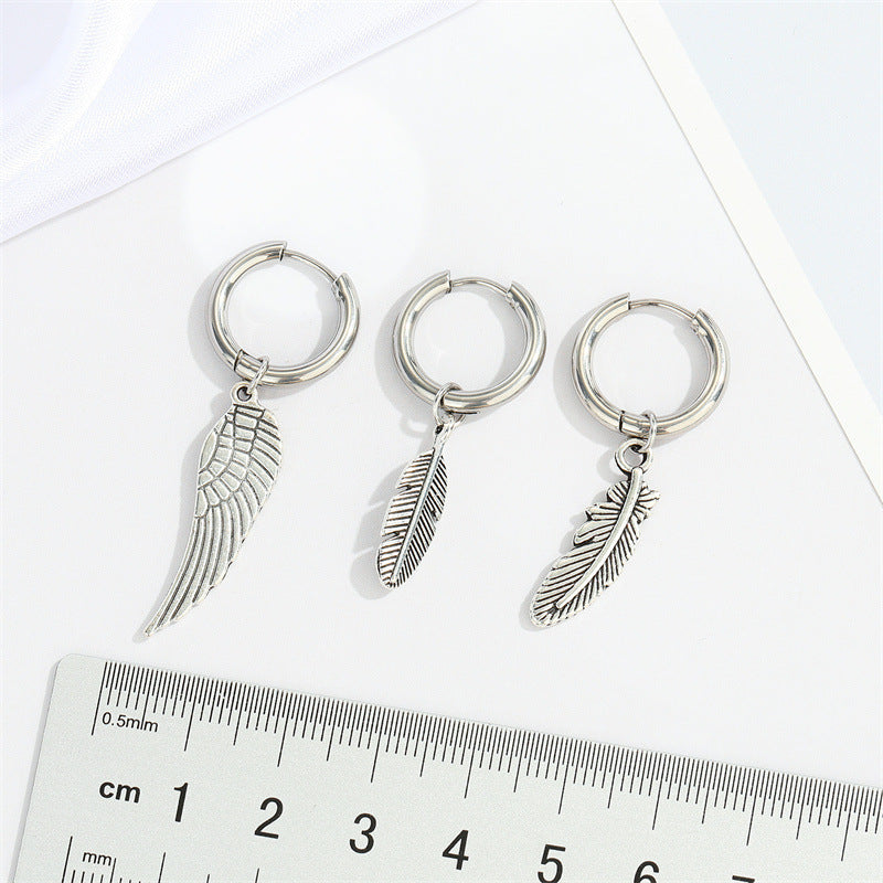 Retro Stainless Steel Winged Leaf Feather Pendant Earrings