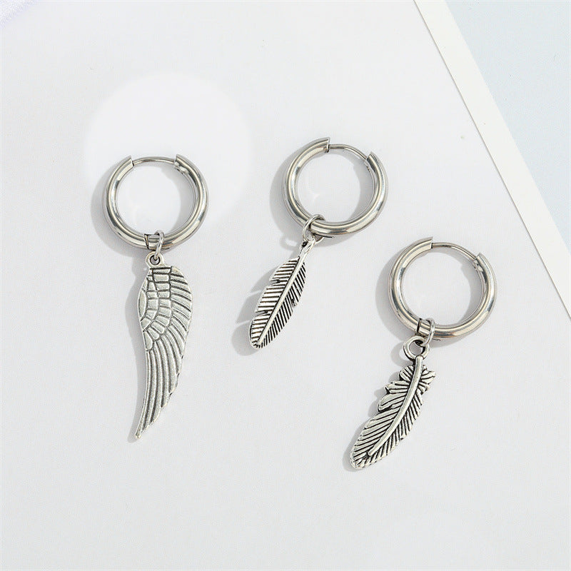 Retro Stainless Steel Winged Leaf Feather Pendant Earrings