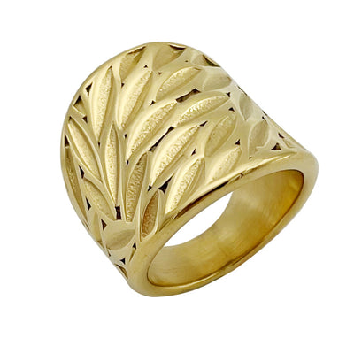 Retro Stripe Heart Shape 14k Gold Plated Geometric Stainless Steel Ring