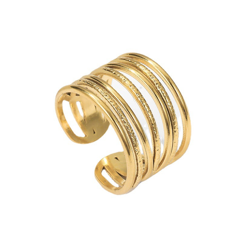 Retro Stripe Solid Color Stainless Steel Hollow Out Open Ring