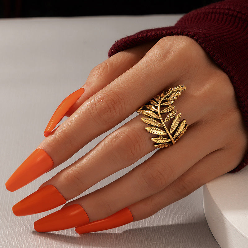 Retro Bohemian Leaf Feather Mesh Ring for Women