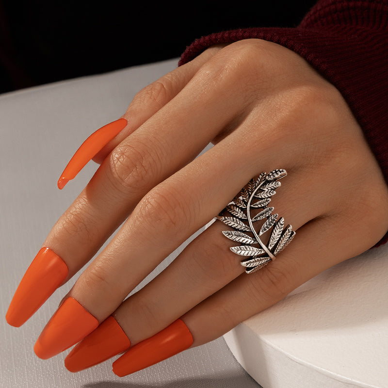 Retro Bohemian Leaf Feather Mesh Ring for Women