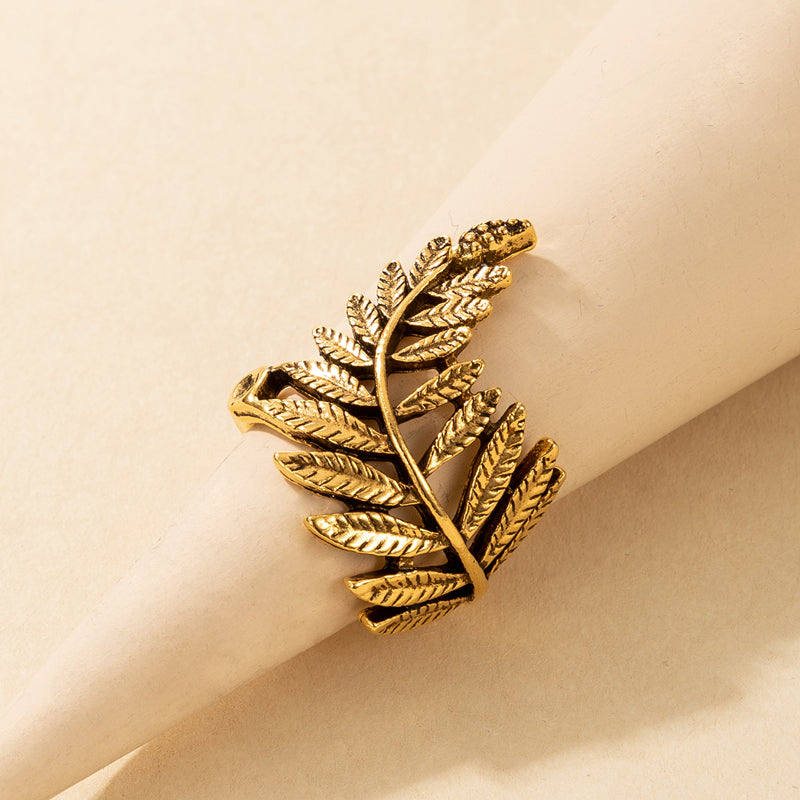 Retro Bohemian Leaf Feather Mesh Ring for Women