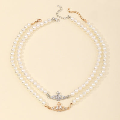 Retro Style Pearl Flash Diamond Pendant Clavicle Chain Necklace