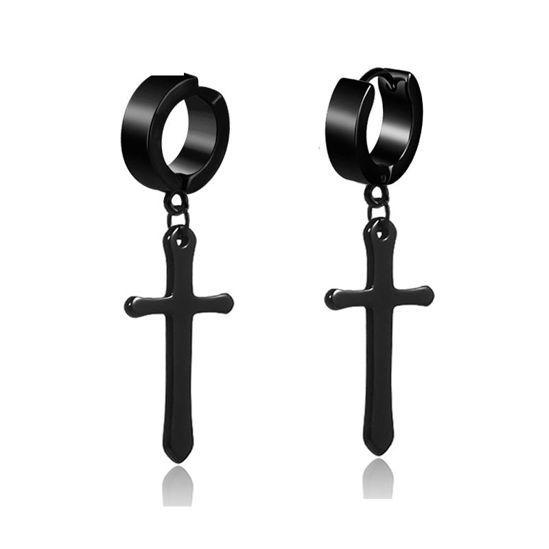 Retro Titanium Steel Cross Clip-On Earrings for Men