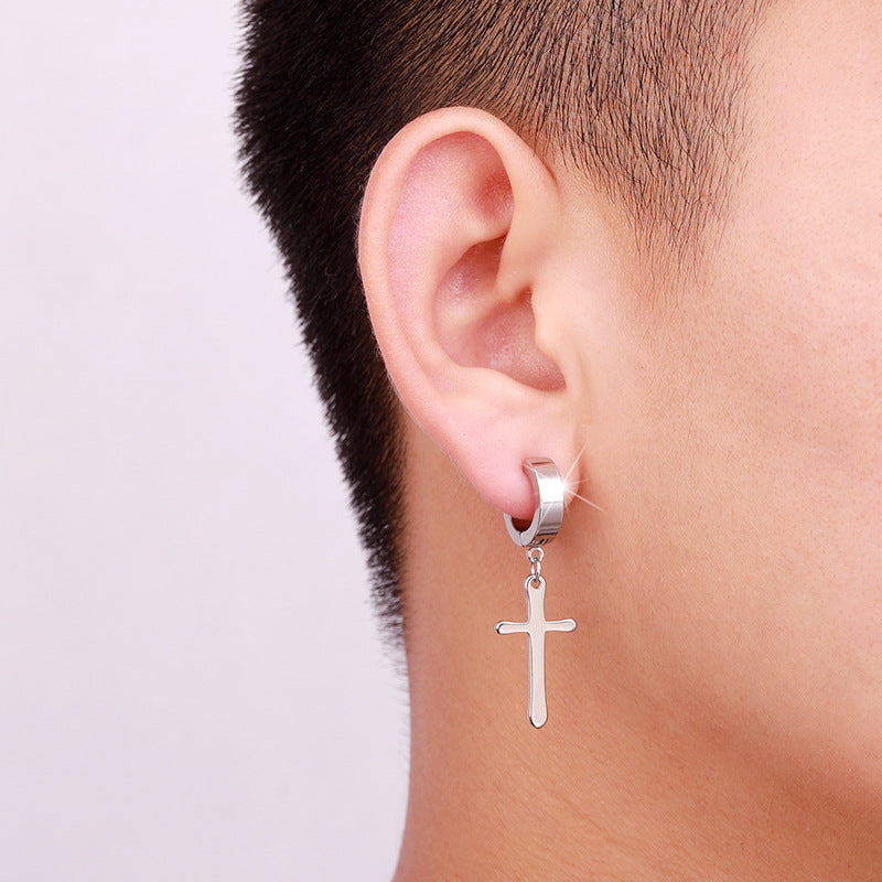 Retro Titanium Steel Cross Clip-On Earrings for Men