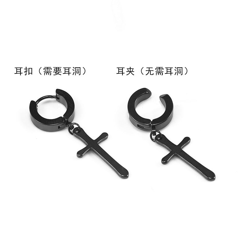 Retro Titanium Steel Cross Clip-On Earrings for Men