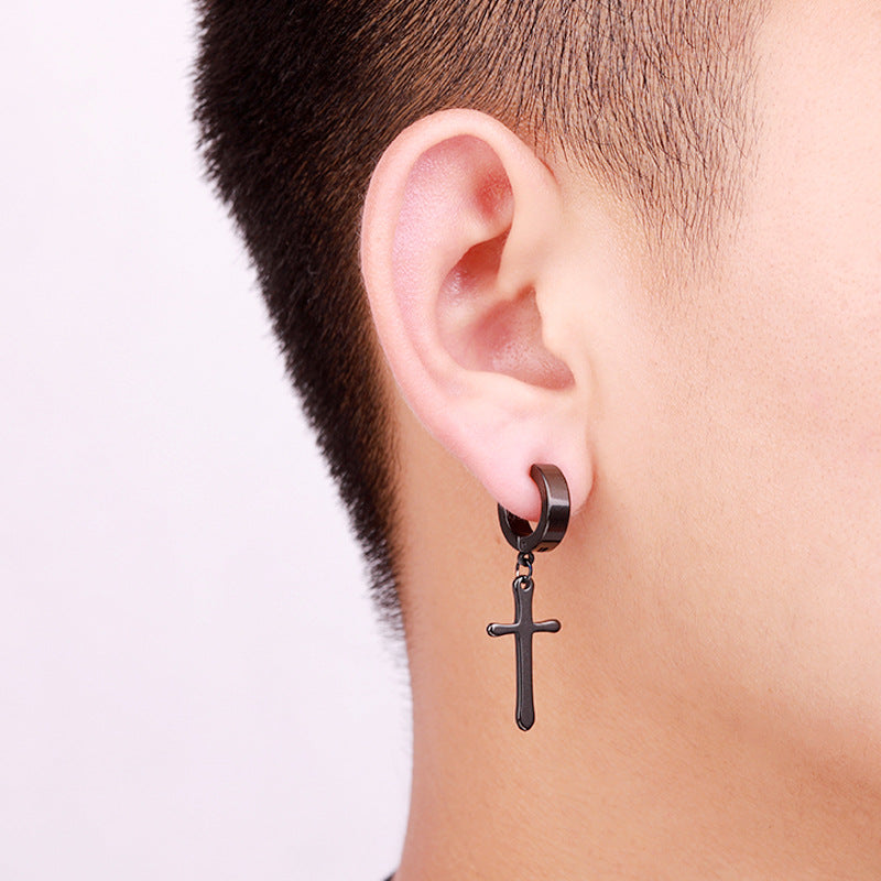 Retro Titanium Steel Cross Clip-On Earrings for Men