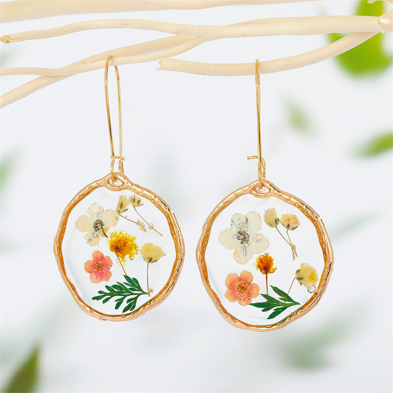 Retro Trend Transparent Resin Natural Dried Flower Earrings Flower Ear Hook