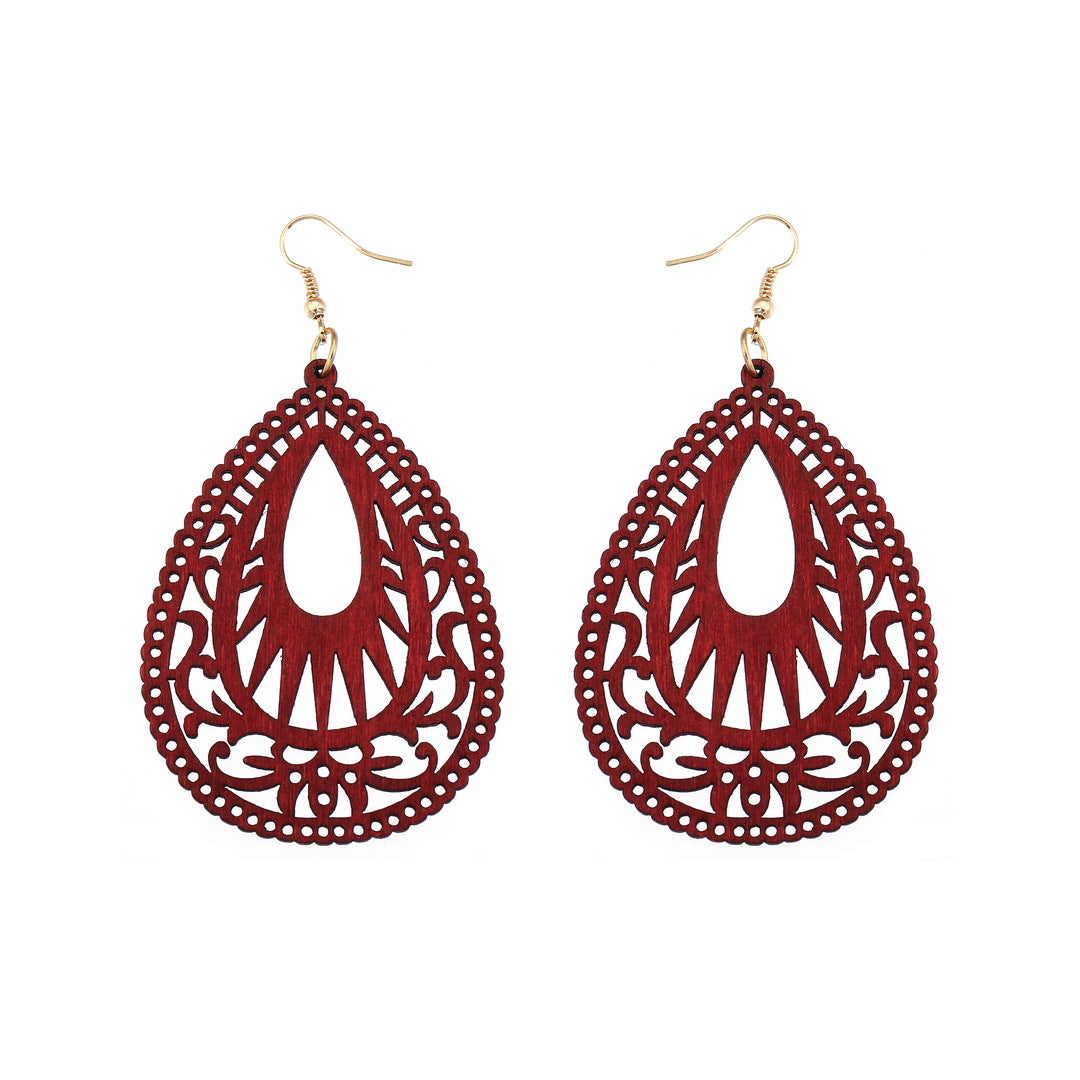 Retro Hollow Out Wood Water Drop Earrings for Women