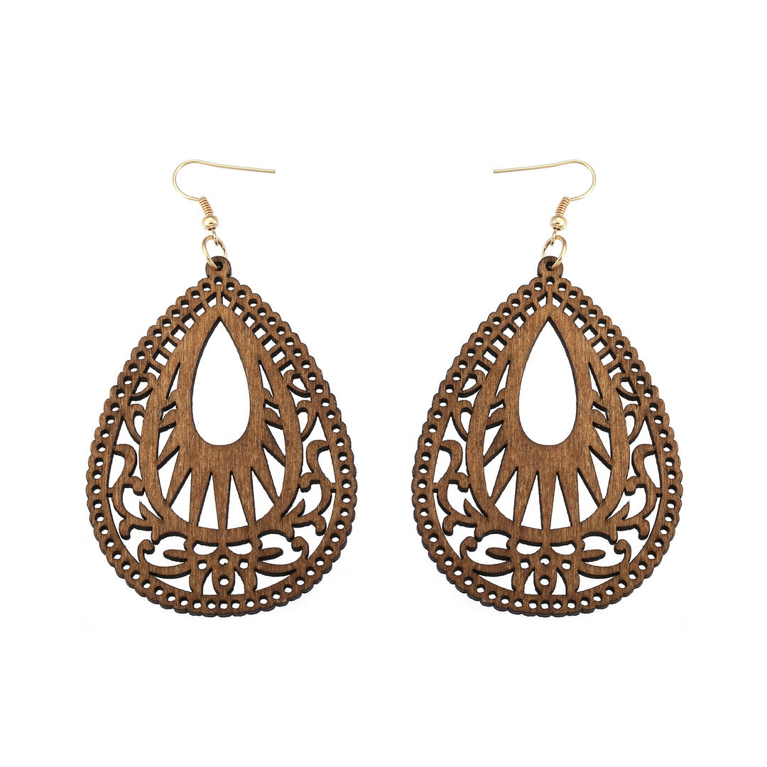 Retro Hollow Out Wood Water Drop Earrings for Women