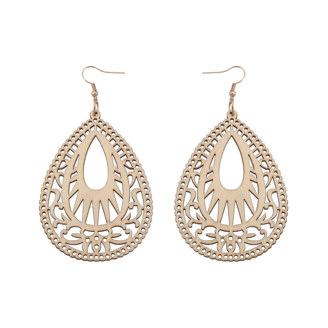 Retro Hollow Out Wood Water Drop Earrings for Women