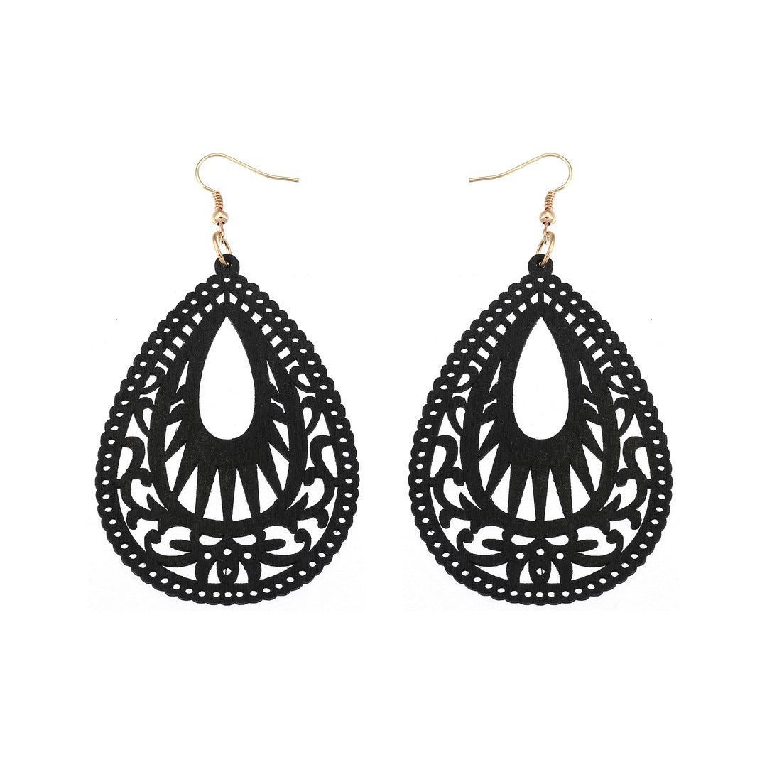 Retro Hollow Out Wood Water Drop Earrings for Women