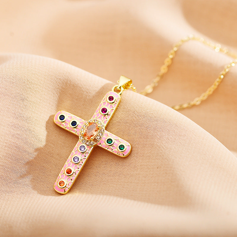 Roman Cross Zircon Inlay Enamel Pendant Necklace