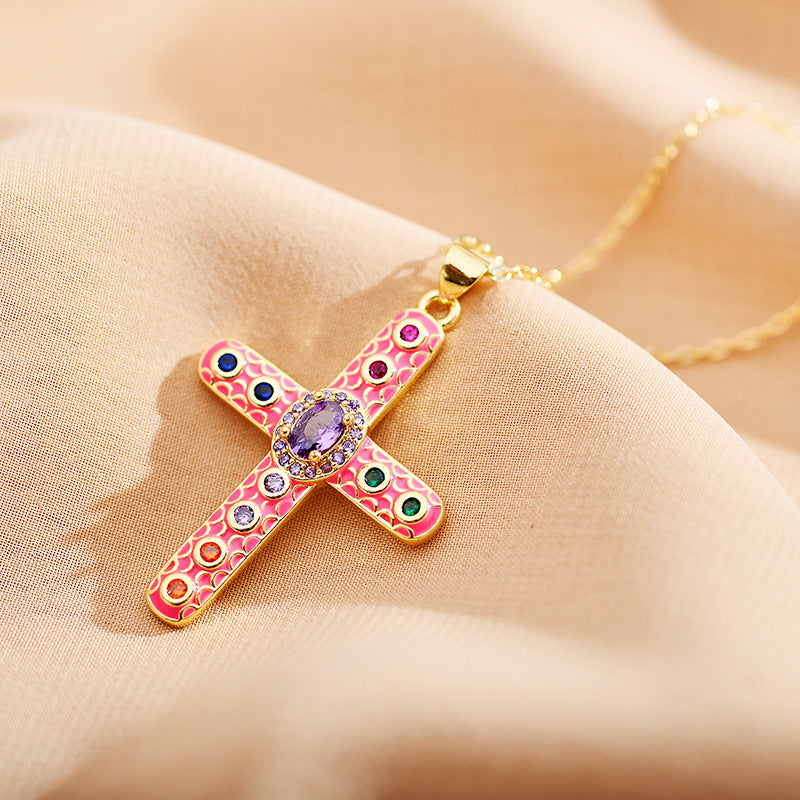 Roman Cross Zircon Inlay Enamel Pendant Necklace