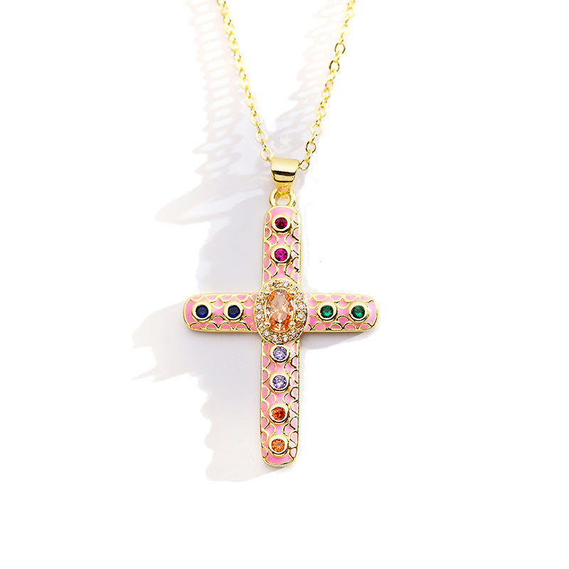 Roman Cross Zircon Inlay Enamel Pendant Necklace