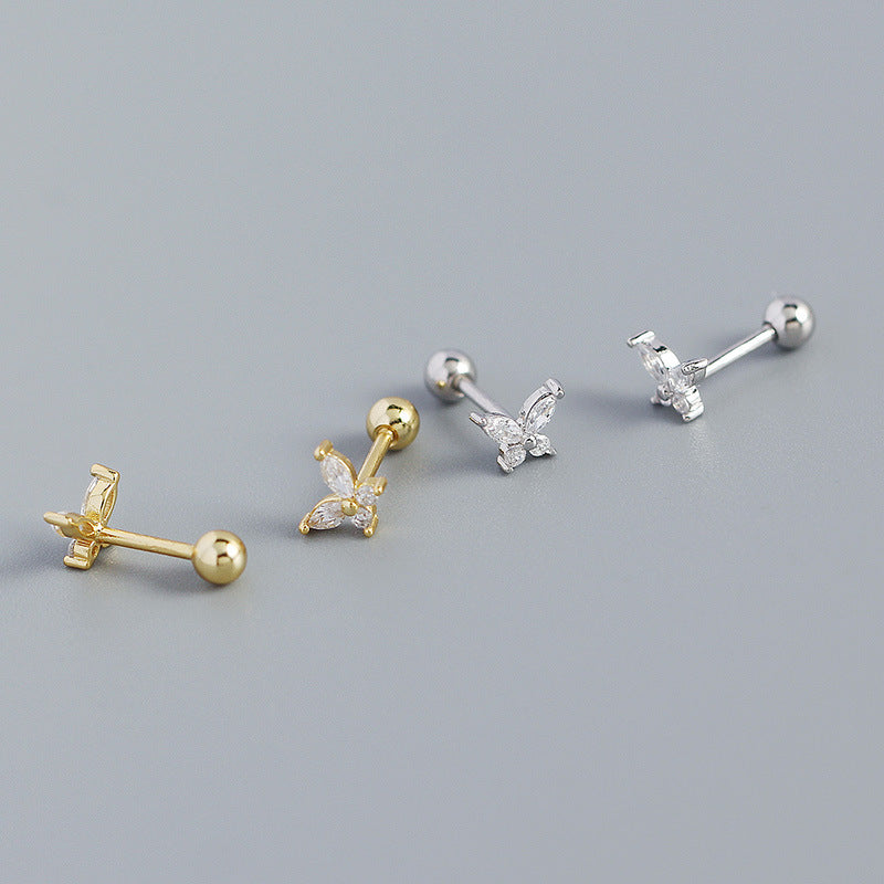 S925 Silver Butterfly Zircon Screw Thread Ear Stud Female