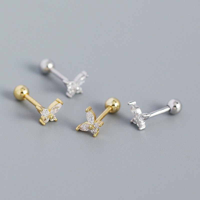 S925 Silver Butterfly Zircon Screw Thread Ear Stud Female