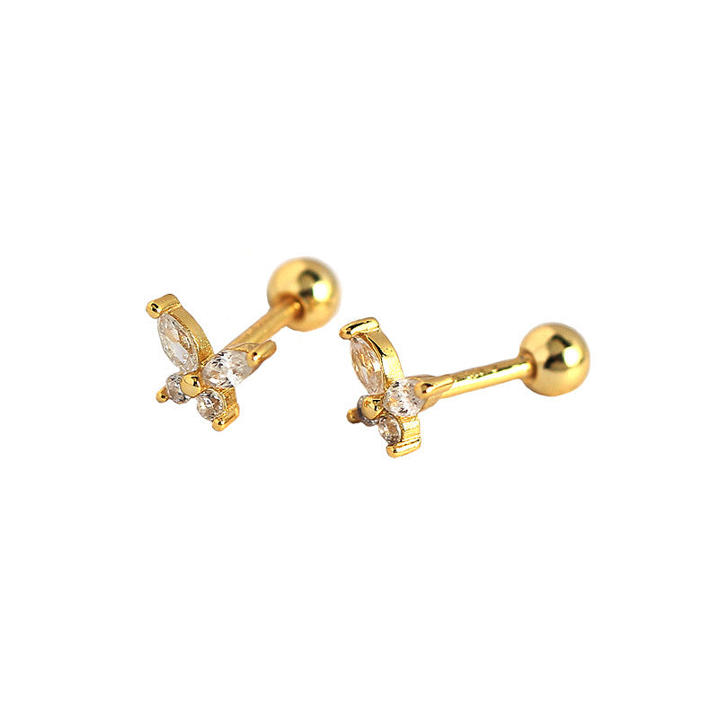 S925 Silver Butterfly Zircon Screw Thread Ear Stud Female