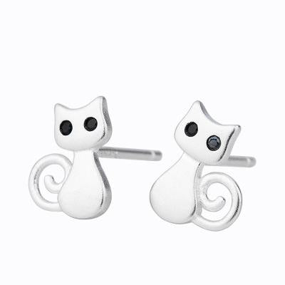 S925 Silver Cat Stud Earrings - Cute Matte Kitten Design for Women