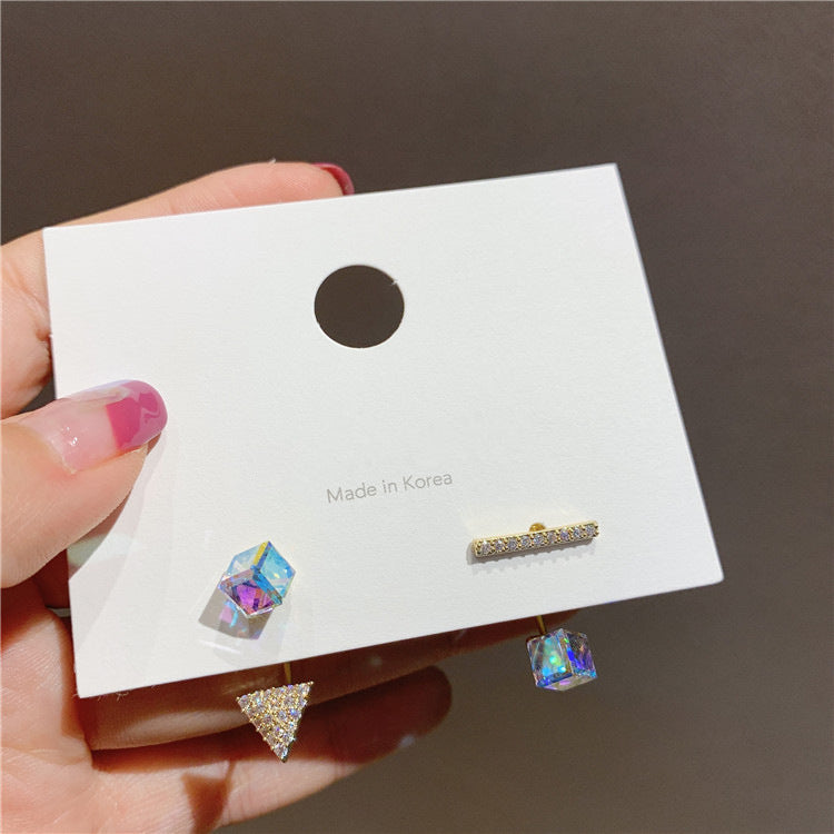 S925 Silver Needle Korea New Simple And Colorful Square Crystal Wild Asymmetric Alloy Earrings For Women