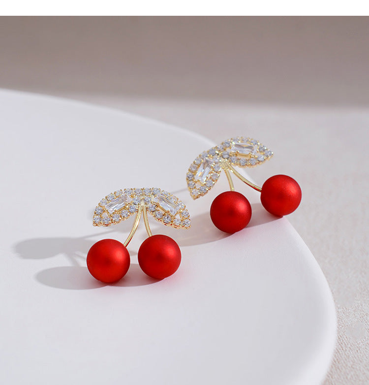 S925 Silver Needle Red Cherry Stud Earrings