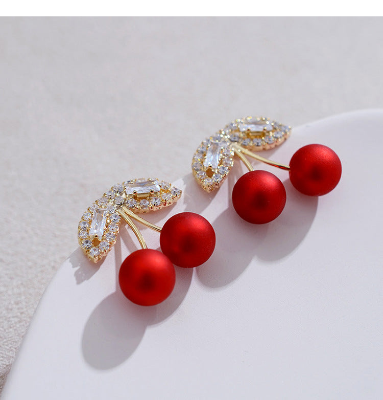 S925 Silver Needle Red Cherries Earrings