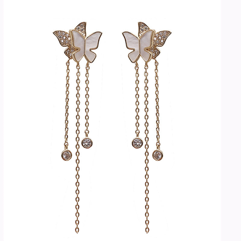 S925 Silver Needle Shell Rhinestone Double Butterfly Tassel Long Earrings for Women