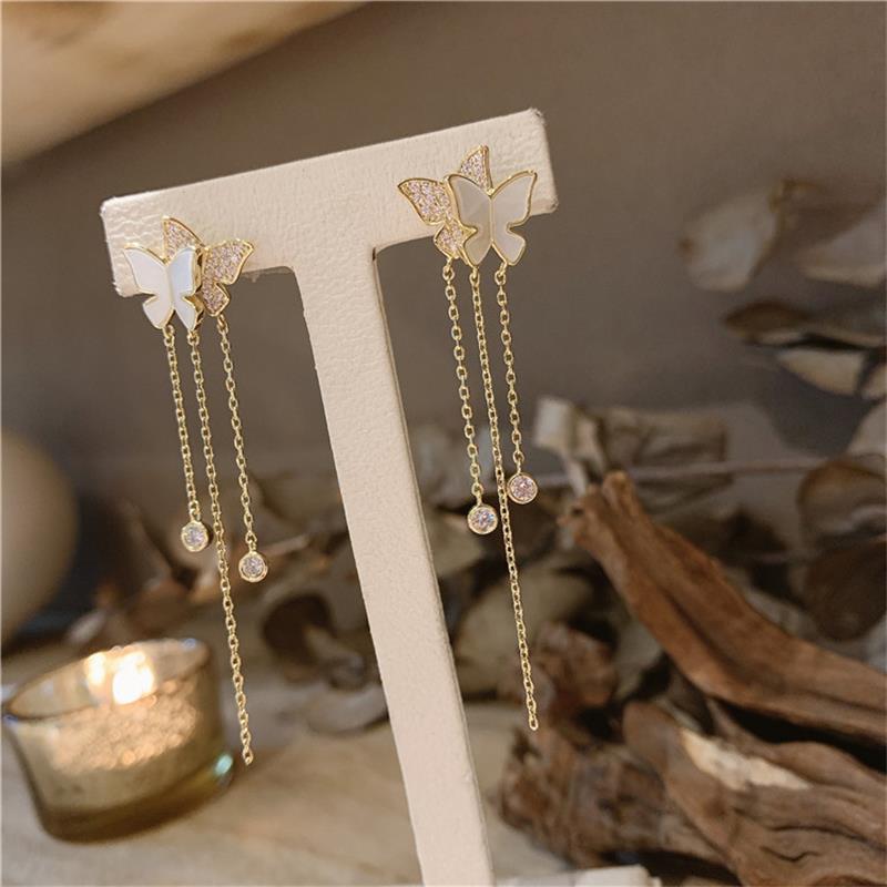 S925 Silver Needle Shell Rhinestone Double Butterfly Tassel Long Earrings for Women