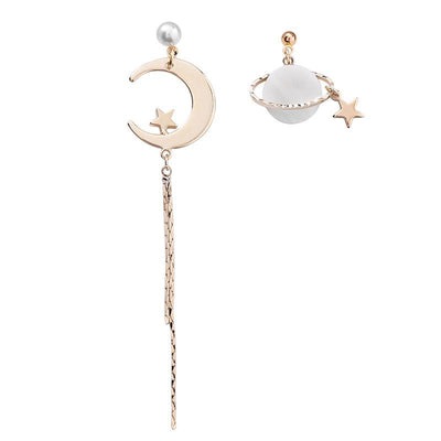 S925 Silver Pearl Shell Stars Moon Planet Asymmetric Earrings Female