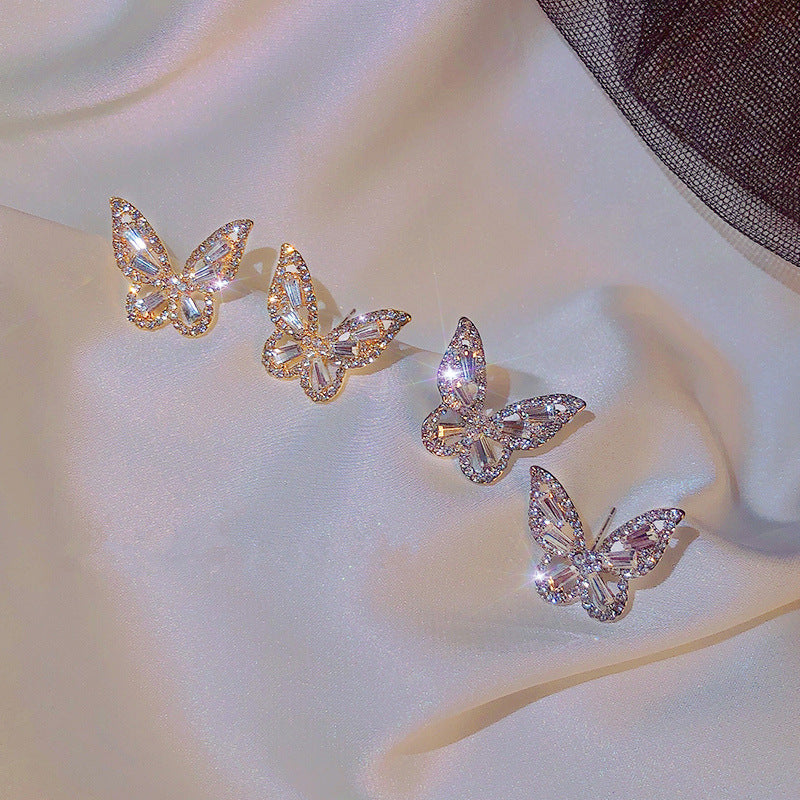 S925 Sterling Silver Needle Retro Style Butterfly Earrings Rhinestone Glittering Small Earrings New Temperament Super Fairy Earrings