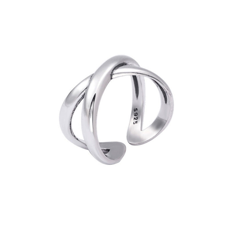 S925 Sterling Silver Ring Korean Smooth Cross Open Ring Personality Joint Ring