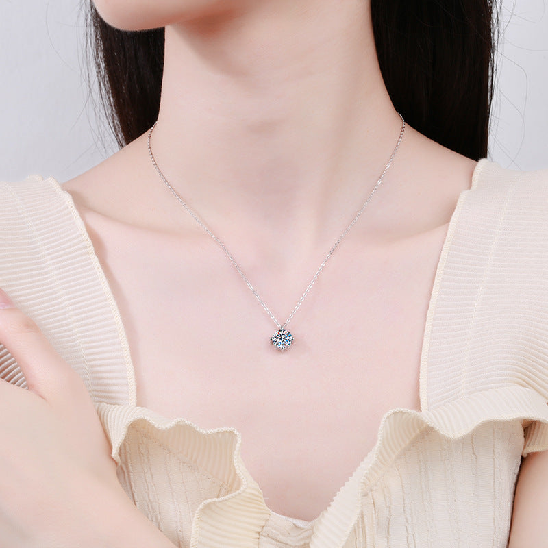 Shiny Moissanite Pendant Necklace in Sterling Silver with Four-Prong Setting