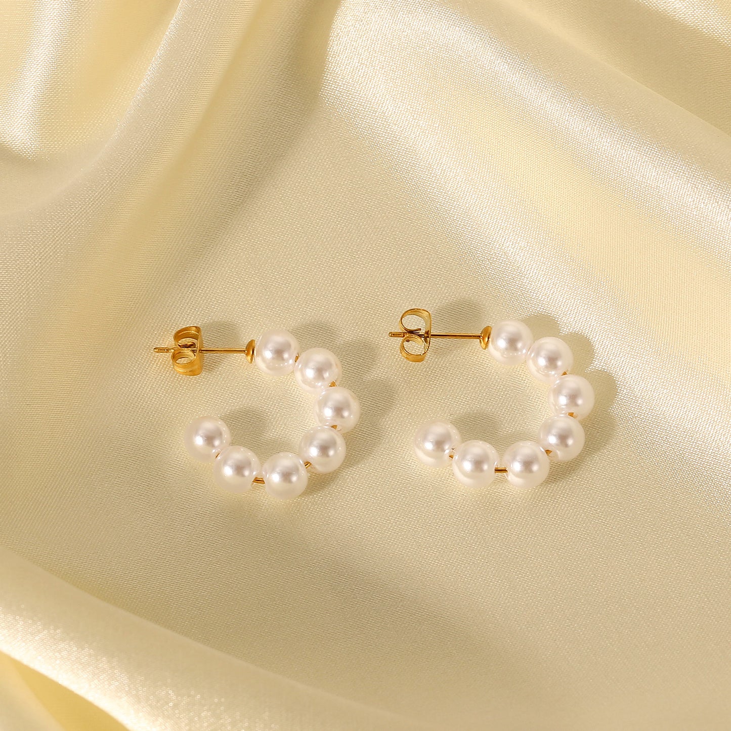 Simple 20mm Large Pearl C-Shaped 18K Gold-Plated Stainless Steel Earrings for Women