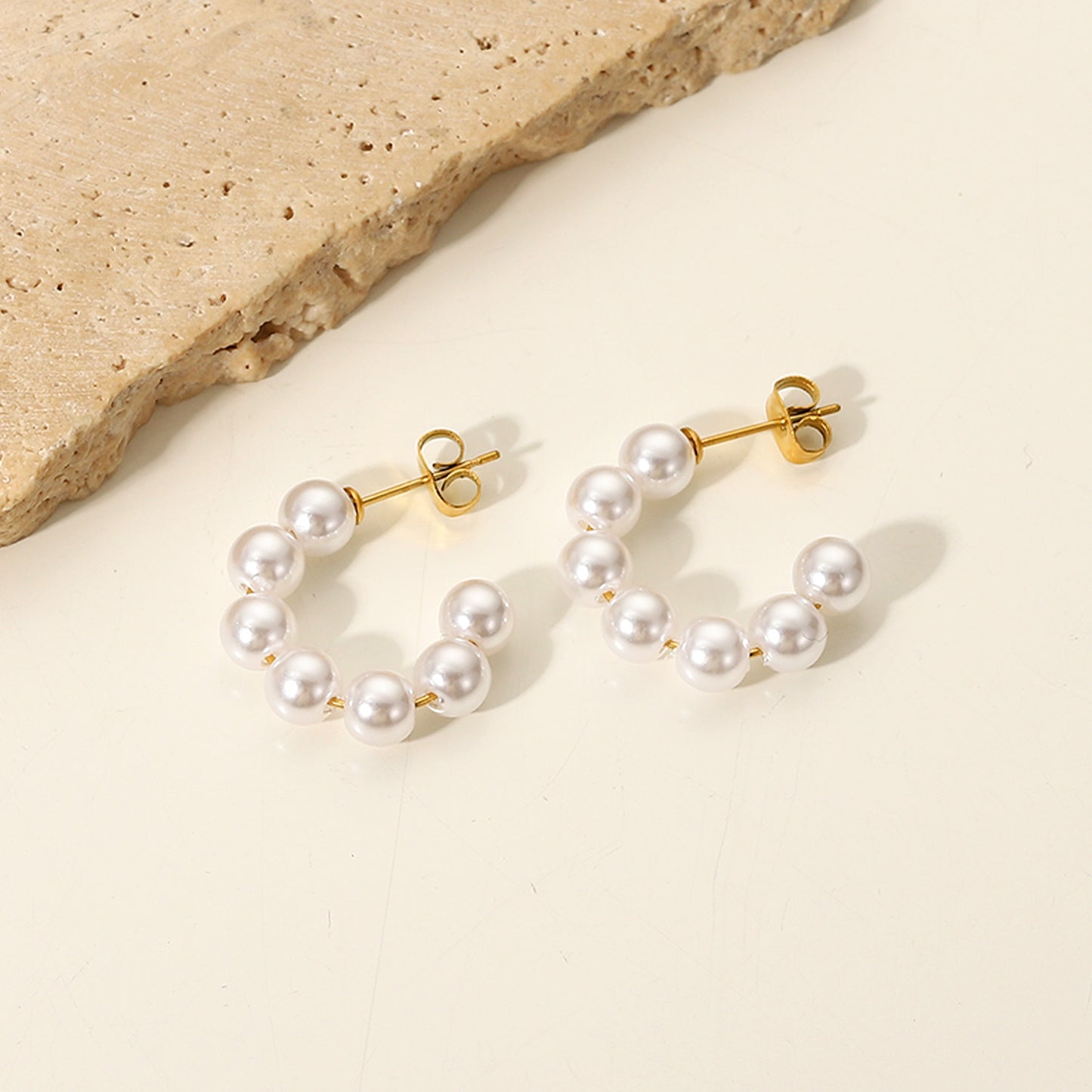 Simple 20mm Large Pearl C-Shaped 18K Gold-Plated Stainless Steel Earrings for Women