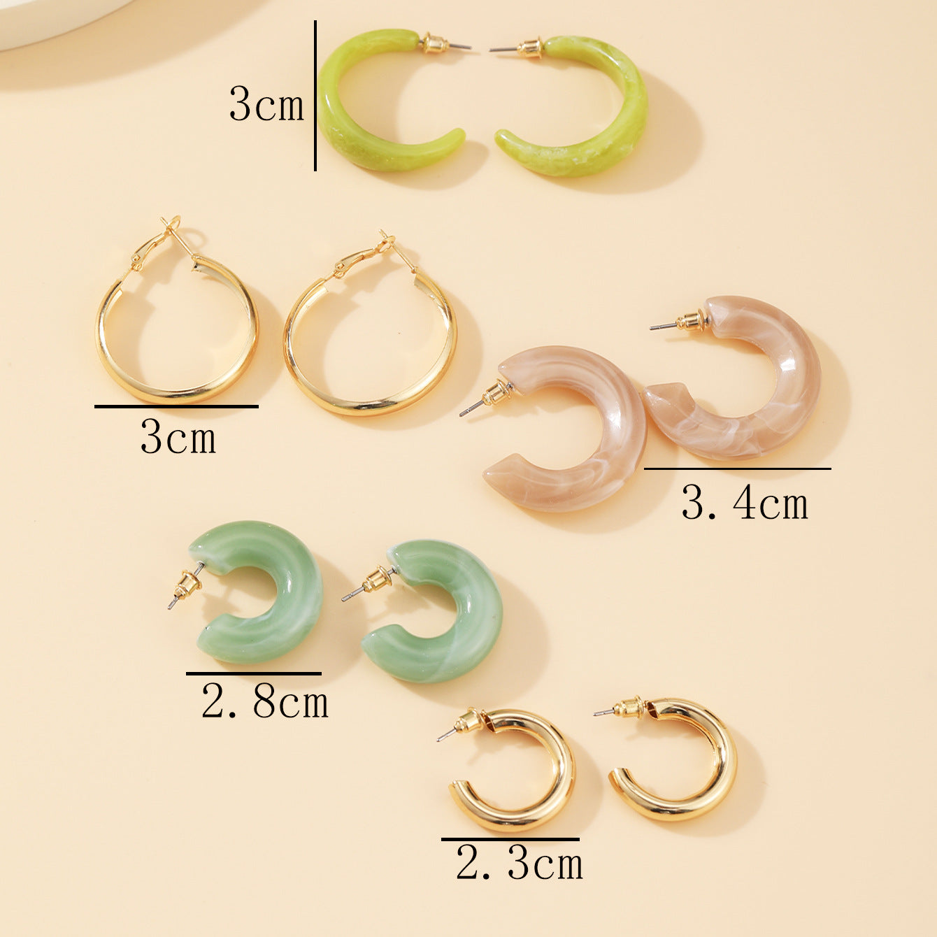 Acrylic Circle & Acetate Pearl Leopard Hoop Earrings Set - 5 Pairs