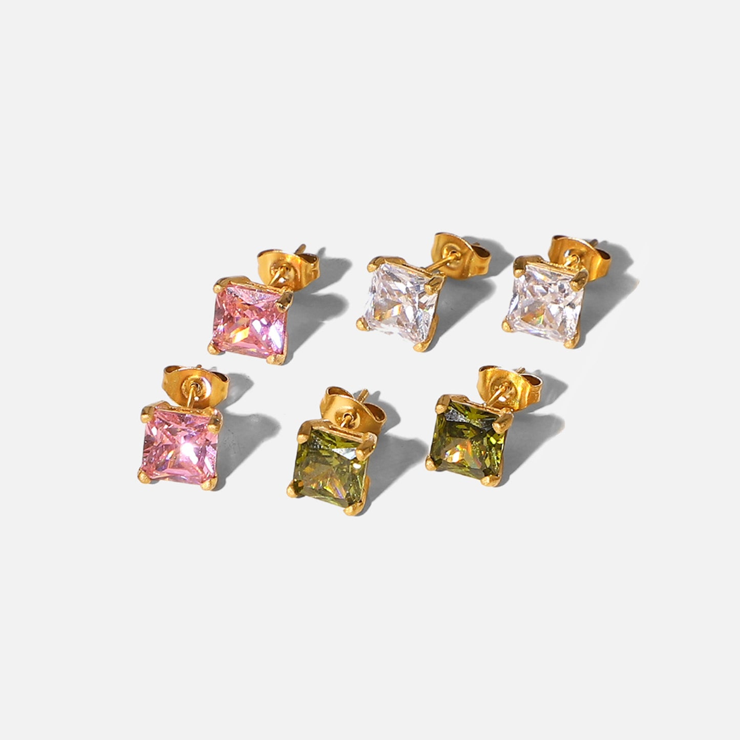 Minimalist Square Zircon Stud Earrings in Stainless Steel - White, Pink, Green