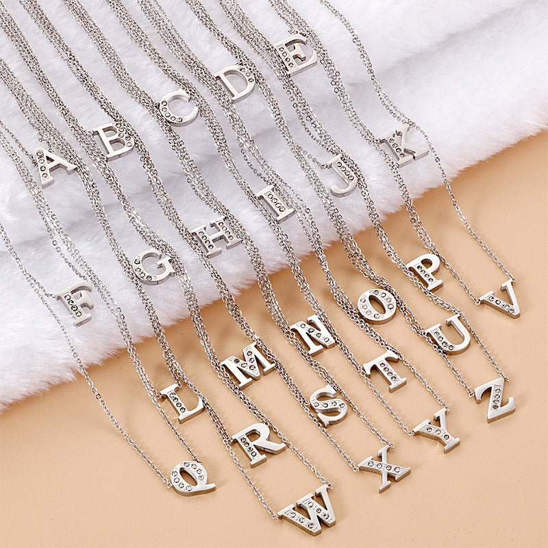 Simple Fashion 26 Inlaid Zircon Uppercase Letter Stainless Steel Necklace