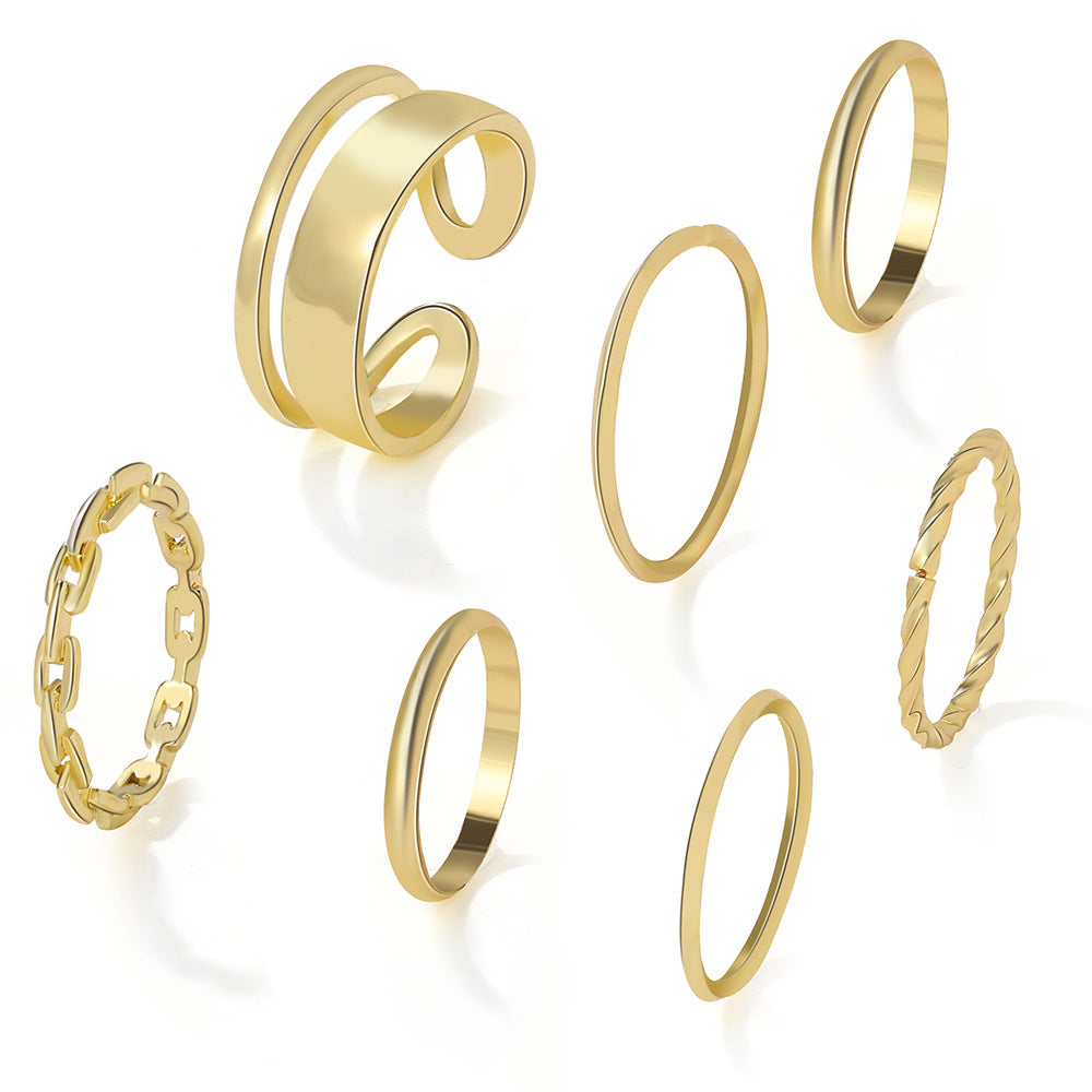 Simple Fashion Geometric Solid Color Twist Chain Seven-piece Ring Set
