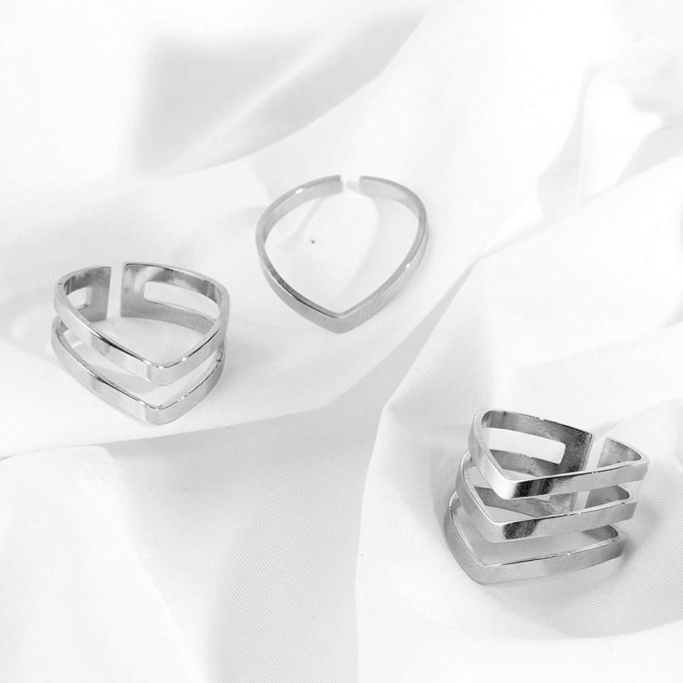 Simple Heart-Shaped Stainless Steel Adjustable Ring Set