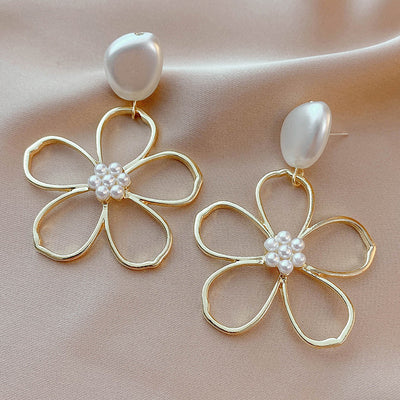 Simple Inlaid Pearl Hollow Flower Drop Earrings Wholesale