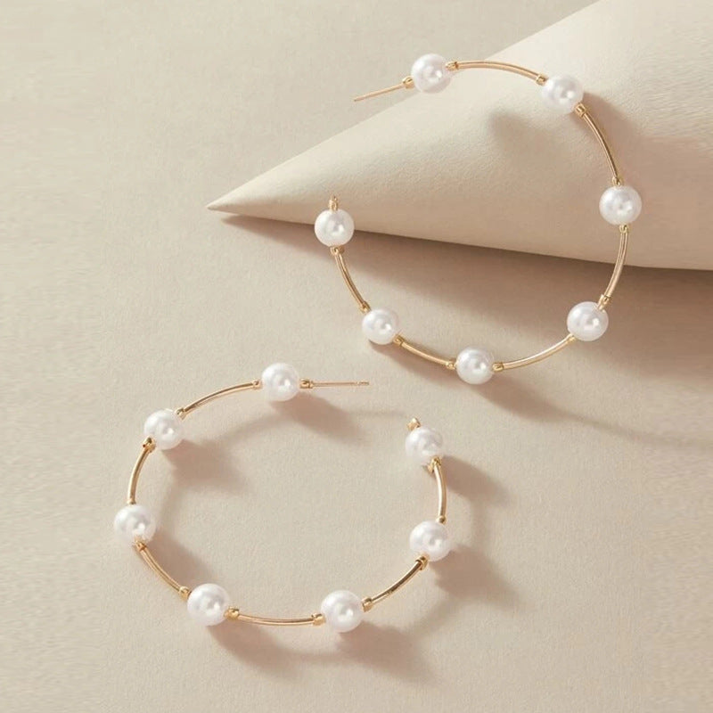 Simple Retro Large Circle Pearl Hoop Earrings