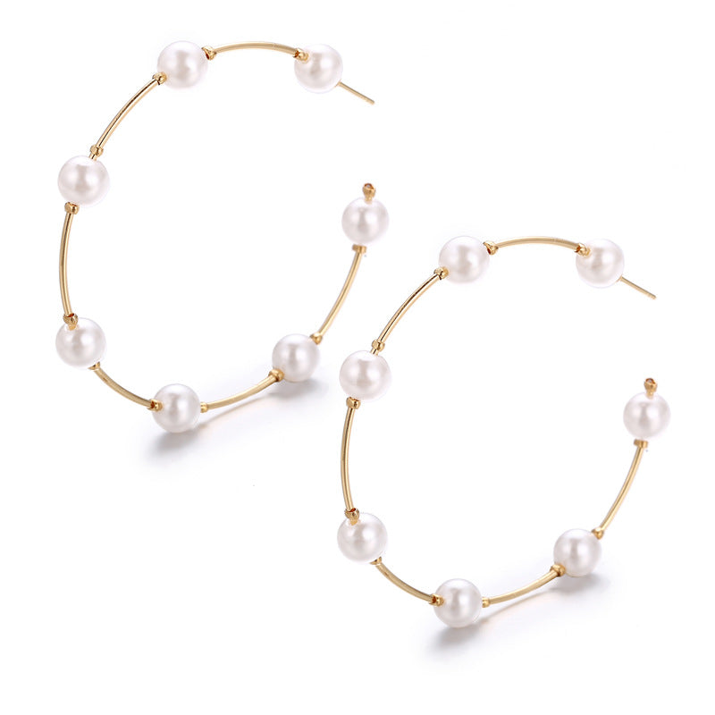 Simple Retro Large Circle Pearl Hoop Earrings