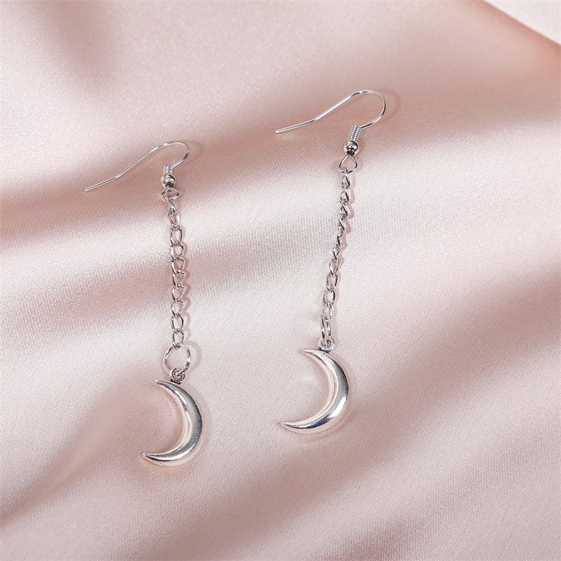 Simple Long Silver Chain Moon Earrings