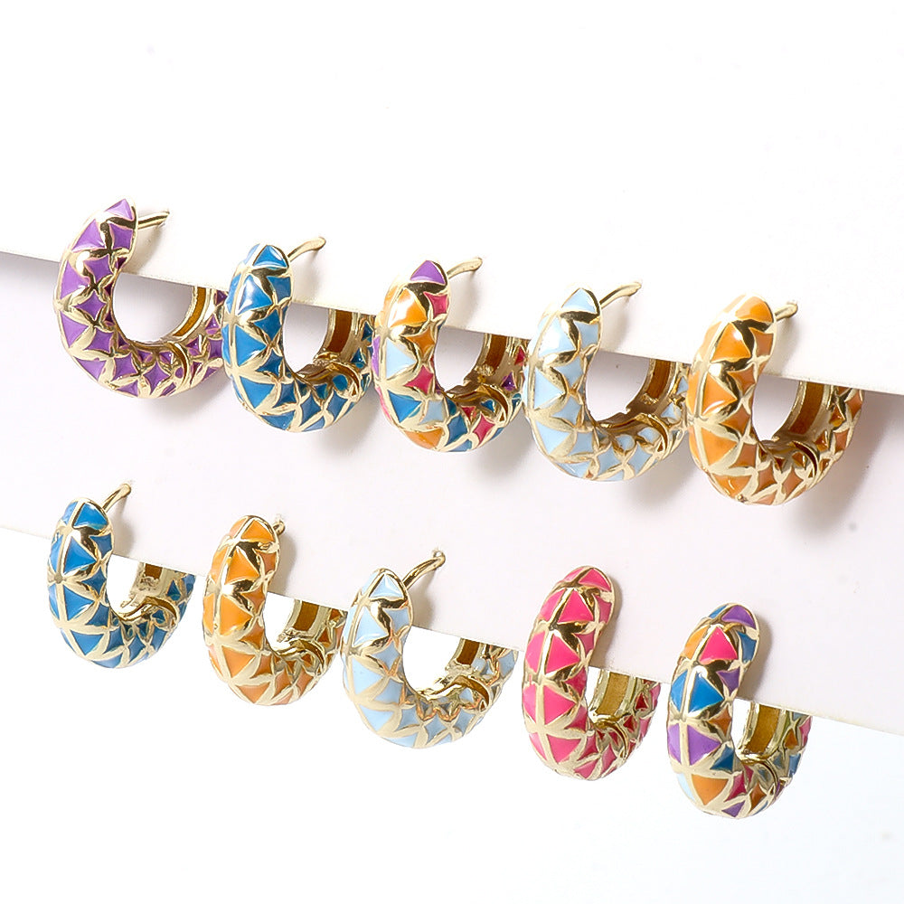 Simple Metal Irregular C-Shaped Earrings with Colorful Rhinestones