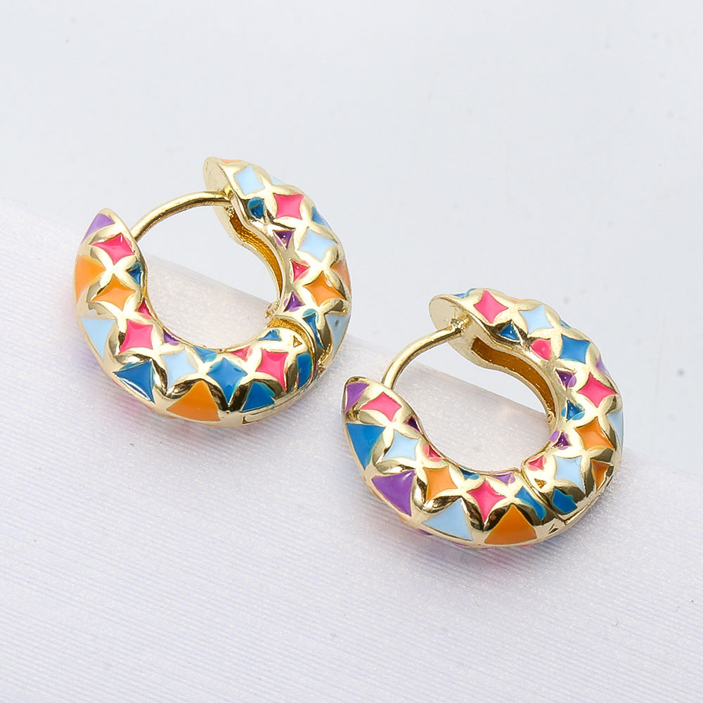 Simple Metal Irregular C-Shaped Earrings with Colorful Rhinestones