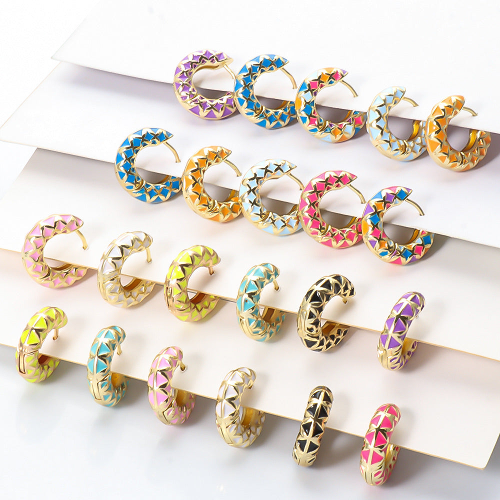 Simple Metal Irregular C-Shaped Earrings with Colorful Rhinestones