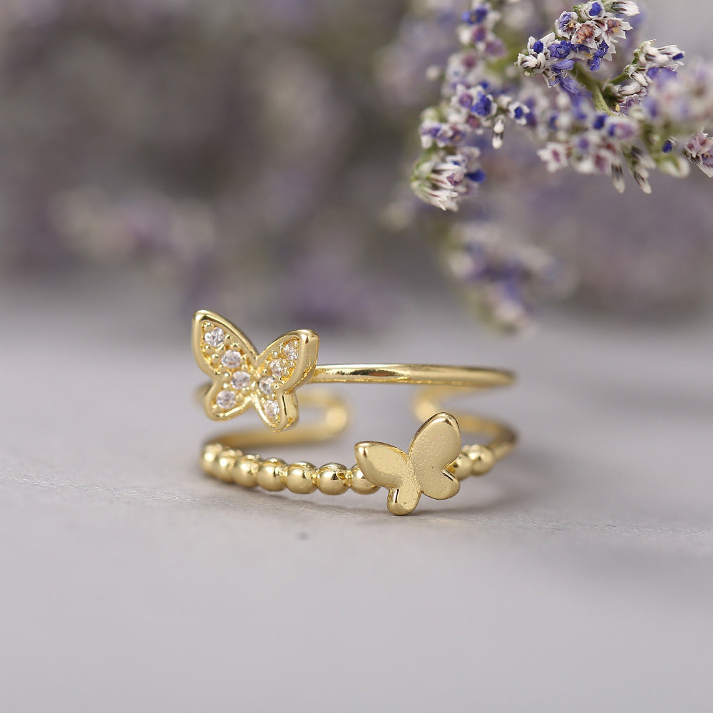 Simple Micro Inlay Adjustable Butterfly Double Ring