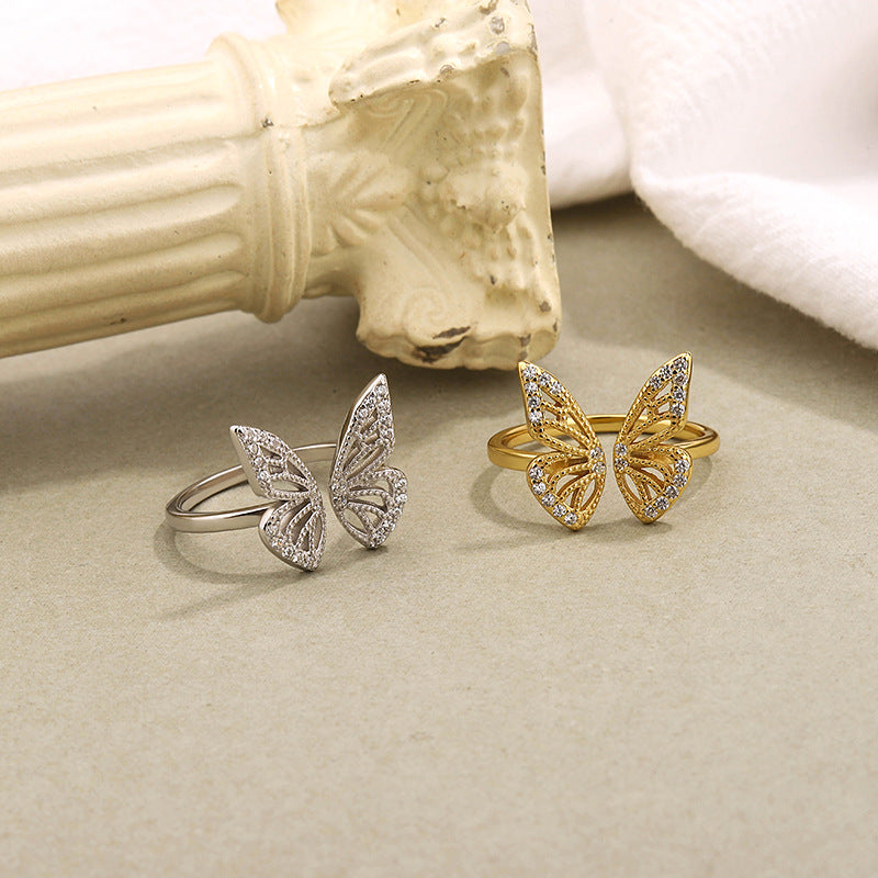 Elegant S925 Sterling Silver Hollow Butterfly Adjustable Open Ring for Women